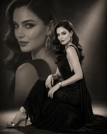 High-fashion AI portrait of an elegant woman in a black designer saree and golden heels, featuring cinematic studio lighting, monochrome artistic background, luxury editorial photography, and premium magazine-cover styling