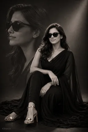 Premium AI social media portrait of a stylish woman in a black saree and golden heels, featuring cinematic lighting, monochrome artistic background, luxury influencer photography, and realistic fashion editorial styling