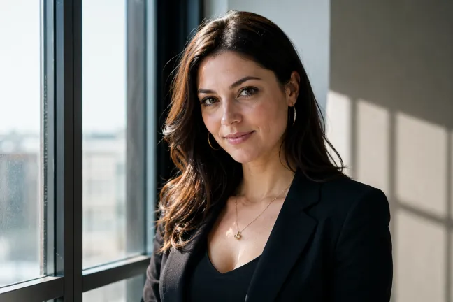 Professional Female Entrepreneur Portrait – Premium Startup Founder Branding Professional female entrepreneur portrait in luxury office with city skyline, premium startup founder branding photography