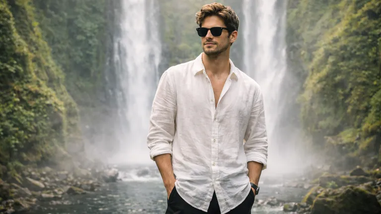 Ultra-realistic cinematic portrait of a confident young man wearing a white linen shirt and black pants, standing in front of a twin waterfall with lush green cliffs, misty atmosphere, and soft natural lighting.