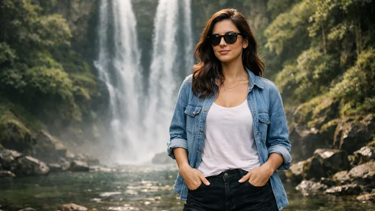 Ultra-realistic cinematic portrait of a confident woman wearing sunglasses, white tank top, denim jacket, and black shorts, standing with hands in pockets in front of a twin waterfall surrounded by lush green forest, soft mist, and natural lighting, 16:9 composition with subtle KShare.in watermark in bottom-left.