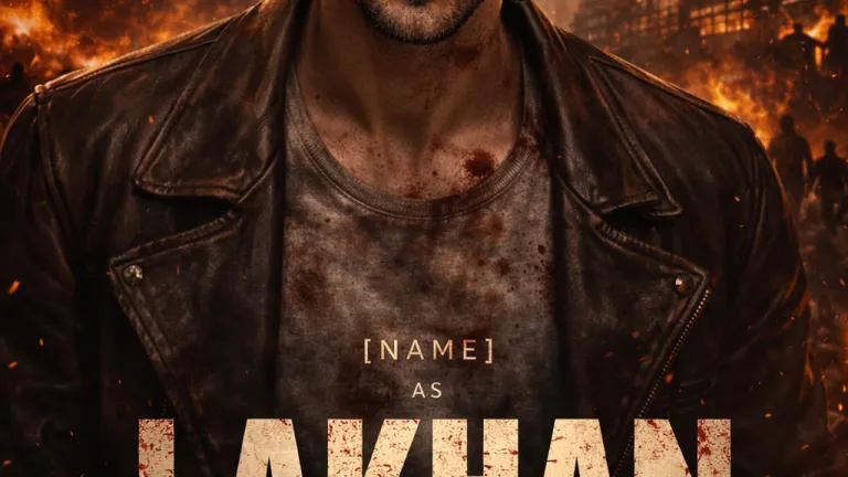 Lakhan cinematic AI movie poster with warzone background and intense character Lakhan cinematic AI movie poster with warzone background and intense character