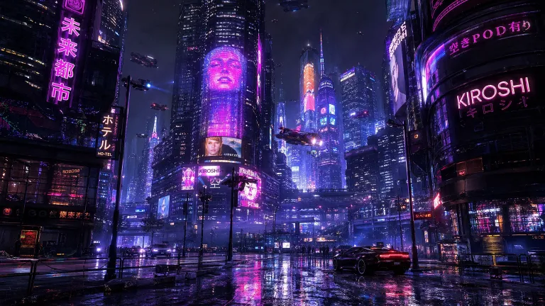 Ultra-realistic cyberpunk city street at night with neon lights in pink, purple, and blue reflecting on wet pavement, futuristic skyscrapers, holographic billboards, flying vehicles, and cinematic lighting in 8K resolution