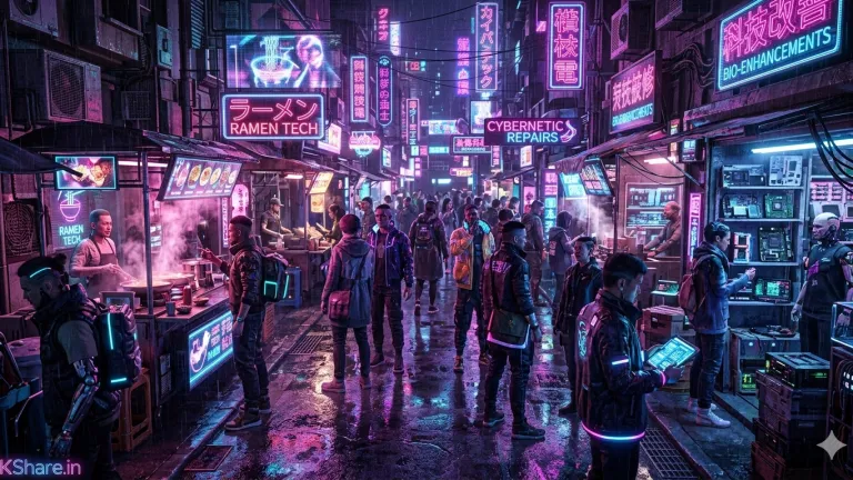 A crowded cyberpunk night market with neon signs in pink and blue, featuring futuristic street food stalls, diverse characters with glowing gadgets, and wet pavement reflecting vibrant city lights.