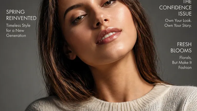Ultra-realistic luxury fashion magazine cover portrait of a confident young woman with flawless skin, dramatic studio lighting, and high-end editorial styling in 4K ultra HD