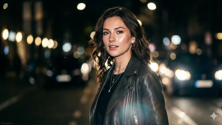 A hyper-realistic editorial portrait of a woman in a leather jacket under intense professional camera flash lighting. The image features high-contrast cinematic shadows, lens flare, and a deep bokeh city street background at night with 8k resolution textures.