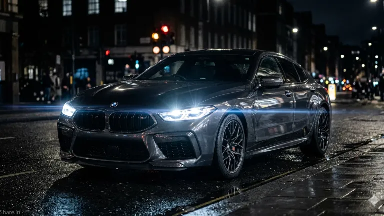 BMW M8 Competition Night Photography Cinematic Luxury Car Urban Street Bokeh 8K Ultra Realistic Metallic Reflections