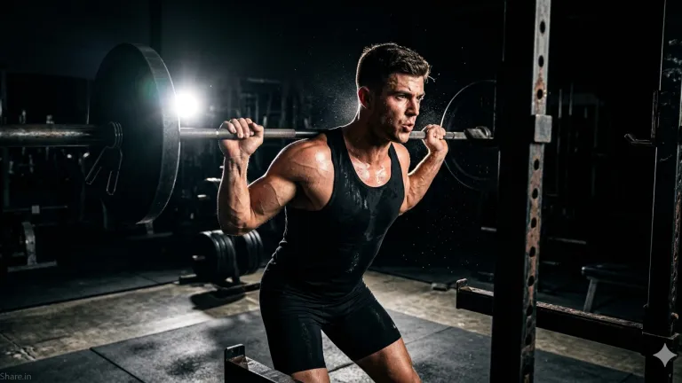 Powerful cinematic fitness photography of a muscular male athlete performing heavy barbell squats in a dark gym. Intense flash lighting highlights muscle definition, sweat textures, and grit. Professional 8K gym photography with high contrast and dramatic shadows.