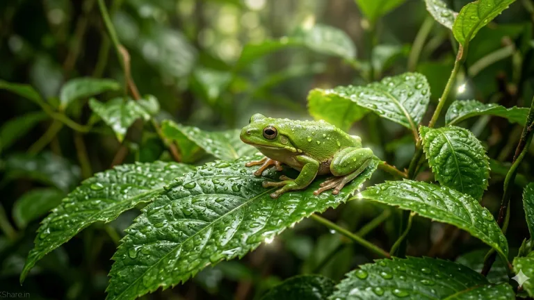 Close-up macro photography of a vibrant green tree frog perched on a textured leaf covered in sparkling water droplets. The scene features professional flash lighting, sharp details, light reflections, and a soft bokeh background. Subtle 