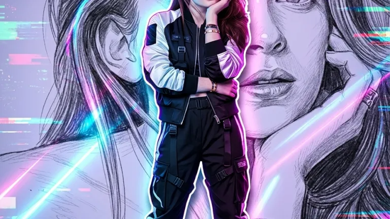 Futuristic cyberpunk street-fashion poster featuring a red-headed woman in black techwear. The design includes a large black-and-white pencil sketch background, neon blue and purple glitch lighting effects, and the text NEON STREET and HYPE MODE Futuristic cyberpunk street-fashion poster featuring a red-headed woman in black techwear. The design includes a large black-and-white pencil sketch background, neon blue and purple glitch lighting effects, and the text NEON STREET and HYPE MODE