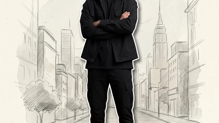 Modern Icon: a men's black streetwear look against a black and white pencil sketch city skyline. Shop the 'Editorial Mode' collection now. Modern Icon: a men's black streetwear look against a black and white pencil sketch city skyline. Shop the 'Editorial Mode' collection now.