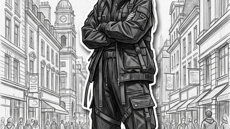 Street Elite magazine cover featuring a woman in black tactical techwear and combat boots. The design uses a photorealistic subject set against a detailed black and white pencil sketch of a busy European city street with architectural buildings. Street Elite magazine cover featuring a woman in black tactical techwear and combat boots. The design uses a photorealistic subject set against a detailed black and white pencil sketch of a busy European city street with architectural buildings.