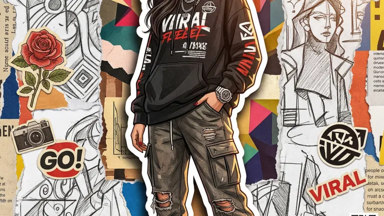 Modern digital art collage featuring a young woman in a black hoodie and cargo pants, stylized with a white sticker outline against a mixed-media background of sketches and abstract shapes. Modern digital art collage featuring a young woman in a black hoodie and cargo pants, stylized with a white sticker outline against a mixed-media background of sketches and abstract shapes.