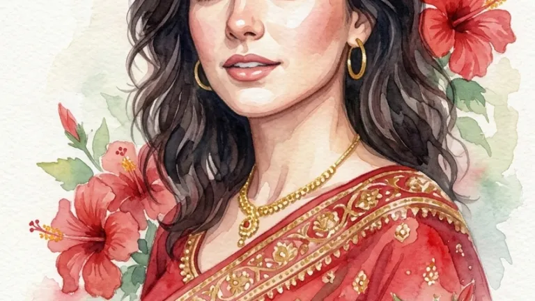 Soft watercolor painting of a young woman with wavy dark hair, inspired by [Reference Name/Model], wearing a traditional red Indian sari with gold embroidery, gold jewelry, and a red bindi, surrounded by red hibiscus flowers on a light paper texture background.