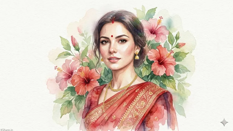 Beautiful watercolor portrait of a young Indian woman in a red sari with gold details, surrounded by hibiscus flowers, soft artistic painting with dreamy floral background