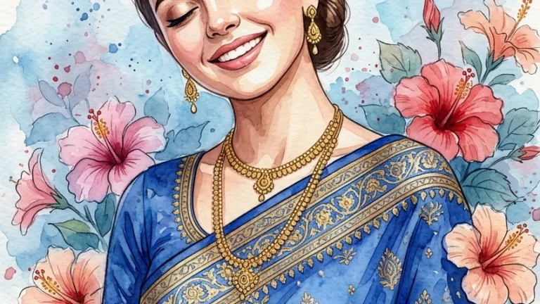 Watercolor painting of a young woman with a serene expression, wearing a royal blue sari with gold embroidery and traditional jewelry, surrounded by pink hibiscus flowers on textured paper grain.