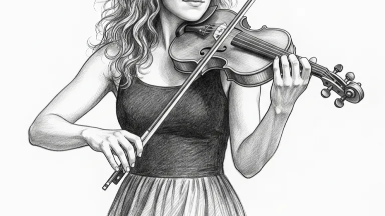 High-detail professional pencil drawing of a woman playing the violin, wearing a dark bodice and flowing skirt, rendered with smooth tonal blending and confident linework in a classical master-level style.