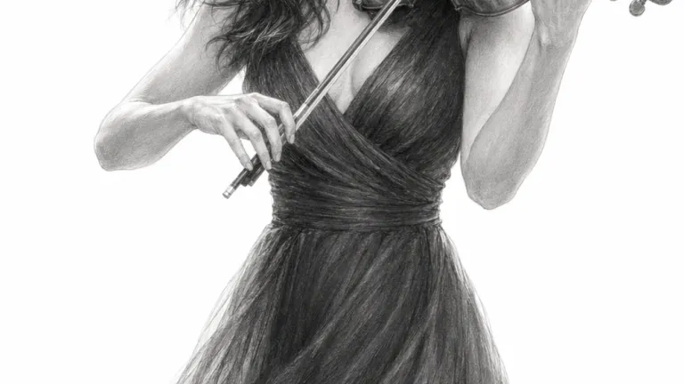 Fine art graphite pencil drawing of a serene woman playing violin with closed eyes, realistic anatomy, flowing hair, elegant dress, and soft shading on a clean white background