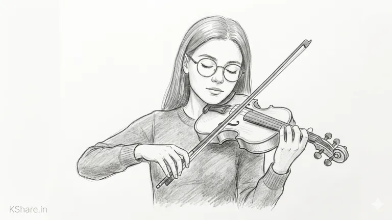 Detailed graphite pencil sketch of a woman with long wavy hair playing the violin. She has a serene expression with eyes closed. Fine art drawing of a classical musician on a plain white background.