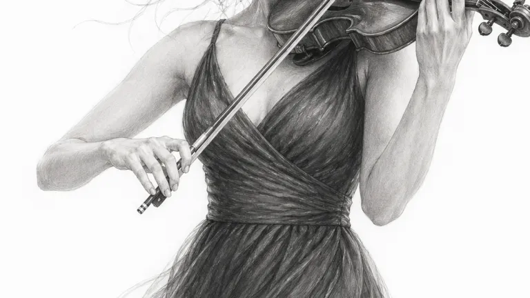 Hyper-realistic graphite pencil drawing of a woman playing violin with eyes closed, smooth shading, flowing hair, elegant dress, and clean white background