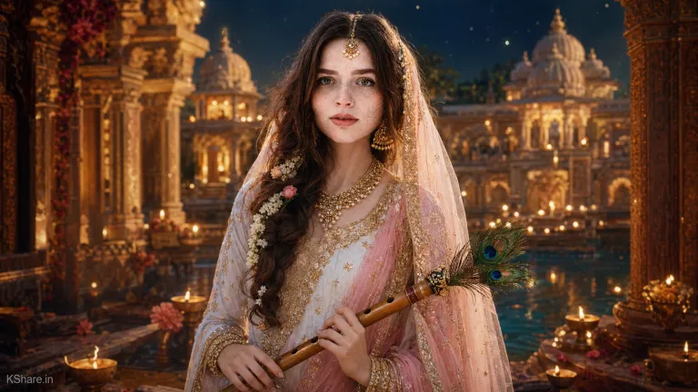 Ultra-realistic Radha Krishna inspired divine portrait of a serene Indian goddess woman in white and gold lehenga holding bansuri with peacock feathers in Vrindavan temple at night with golden diya lights