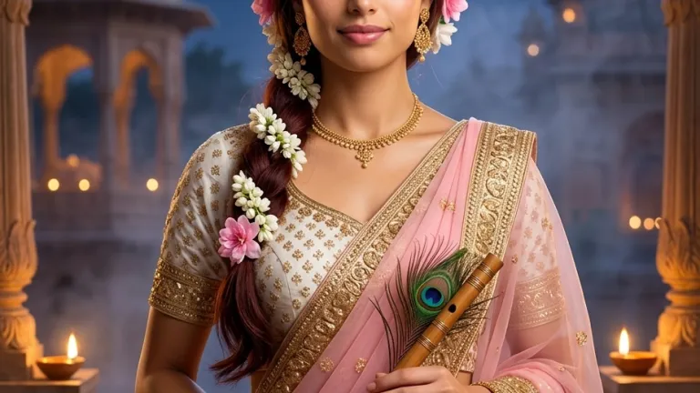 Realistic cinematic portrait of a woman as Goddess Radha in a grand Vrindavan temple at night, wearing a white and gold lehenga with a pink dupatta, holding a wooden bansuri flute with peacock feathers, featuring soft golden lighting and jasmine flower hair decorations.