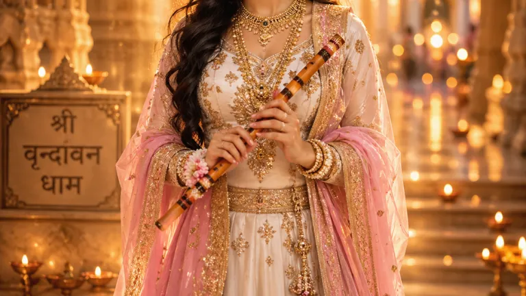 Serene divine woman resembling Radha standing in a glowing Vrindavan temple, holding a bansuri, wearing a white and gold lehenga with pink dupatta, surrounded by golden light, diyas, and soft bokeh spiritual ambiance