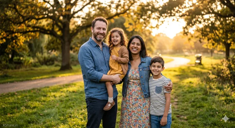 Ultra-realistic candid family portrait photo of four standing in a park at sunset, featuring realistic skin texture, golden hour lighting, a smiling mother in a floral dress, a bearded father, a laughing daughter, and a son with an arm around her, set against a warm depth of field and soft bokeh background, captured with a professional DSLR camera.