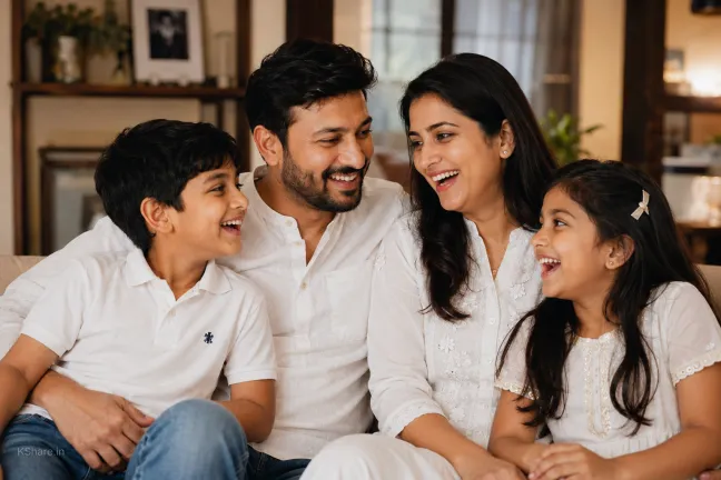 Ultra realistic candid family portrait of a happy modern family laughing together inside a cozy luxury home with warm cinematic lighting and DSLR photography style