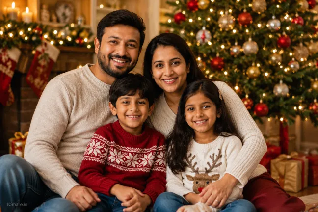 Ultra realistic holiday family portrait near a decorated Christmas tree with warm festive lighting, cozy winter atmosphere, smiling family members, and cinematic DSLR photography style