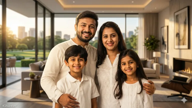 Ultra-realistic family portrait of a happy modern Indian family in a luxury home setting with cinematic lighting and 8k high-definition detail.