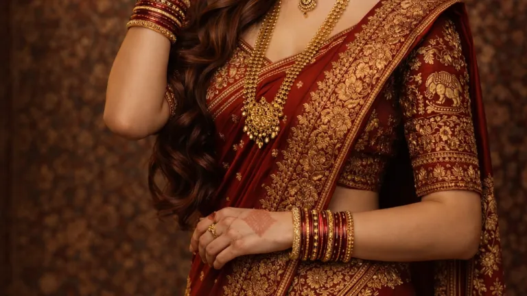 Hyper-realistic Indian bride with gold jewelry and red saree