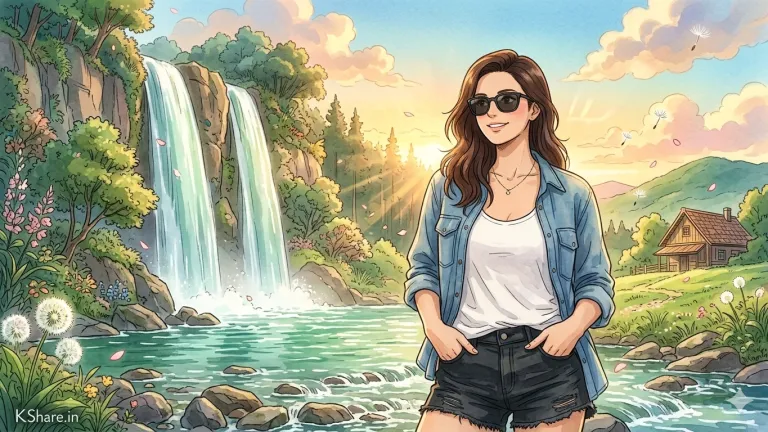 Studio Ghibli style anime illustration of a woman in a denim shirt standing before a majestic twin waterfall at sunset, featuring lush green hills, a rustic wooden cabin, and KShare.in branding in the corner.