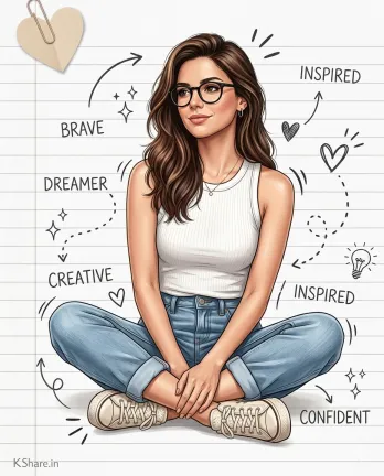 creative notebook doodle illustration manifestation inspiration Premium semi-realistic digital illustration of a smiling woman with glasses in a white tank top and denim jeans, sitting cross-legged on ruled notebook paper. The artwork features motivational hand-drawn doodles, arrows, hearts, and words like Brave, Creative, and Dreamer.