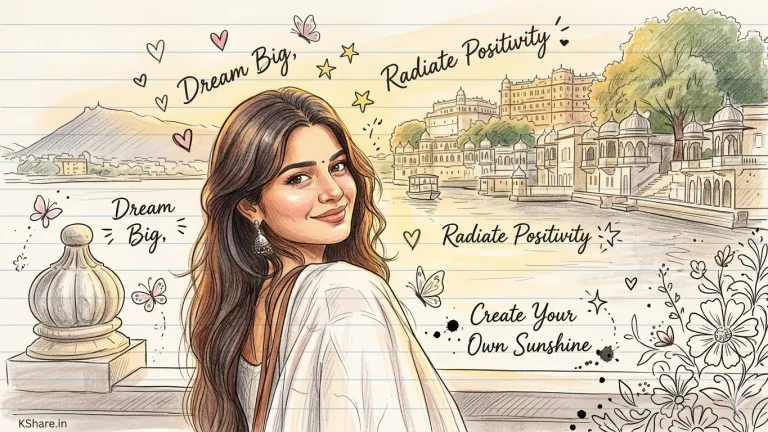 premium notebook illustration aesthetic indian woman palace sketch Premium semi-realistic digital sketch of a smiling Indian woman in traditional white attire against a scenic lakeside palace background, hand-drawn on ruled notebook paper with motivational doodles.