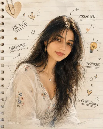 Dreamy Notebook Girl AI Art Illustration | Aesthetic Scrapbook Digital Portrait Dreamy notebook-style AI girl illustration with aesthetic doodles, feminine digital painting, scrapbook paper texture, soft artistic lighting, and premium portrait design