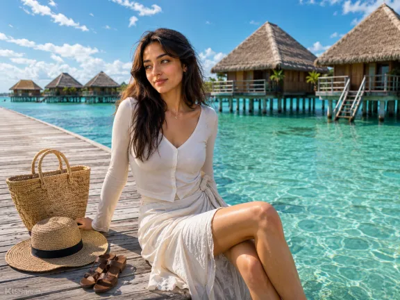 Tropical Resort Woman Sitting by Turquoise Water AI Prompt for Stunning Travel Photos Tropical Resort Woman Sitting by Turquoise Water AI Prompt for Stunning Travel Photos