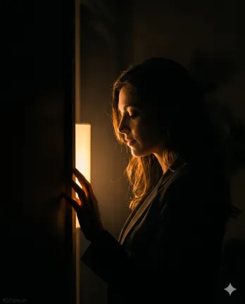 Hyperrealistic cinematic low-light silhouette portrait of a woman in side profile beside a softly glowing warm amber lamp, featuring dramatic golden rim lighting on her face, hair, and fingertips reaching toward a dark wall.