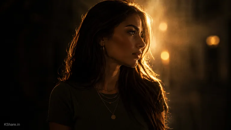 Hyper-realistic cinematic portrait of a young woman illuminated by warm golden rim lighting, featuring dramatic shadows, atmospheric haze, shallow depth of field, and a neo-noir photography aesthetic.