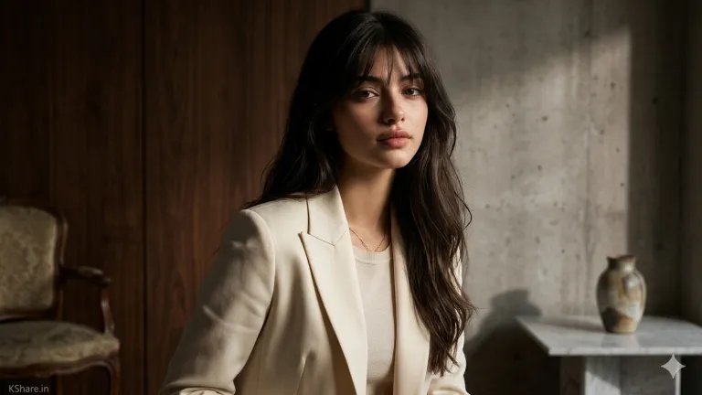 Ultra-detailed DSLR editorial portrait of a woman with long dark hair and bangs, captured in sharp side profile with dramatic cinematic lighting against a moody studio background.