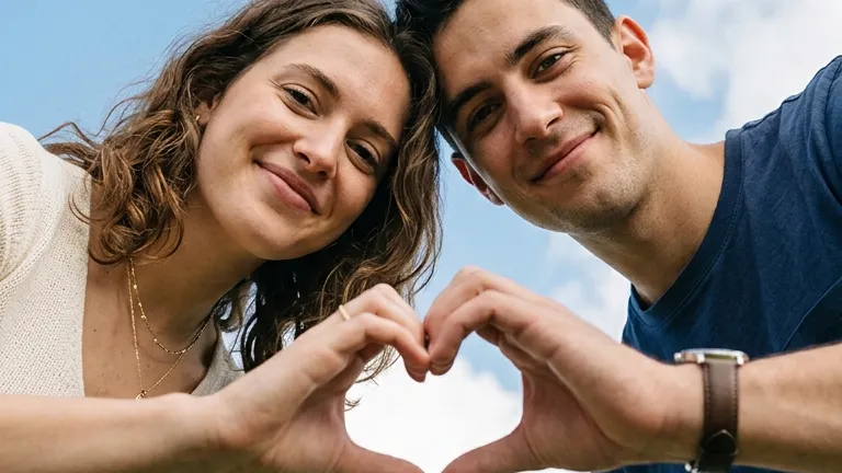 A hyper-realistic low-angle portrait of a smiling couple leaning over the camera, their hands joined to form a heart shape against a blue sky