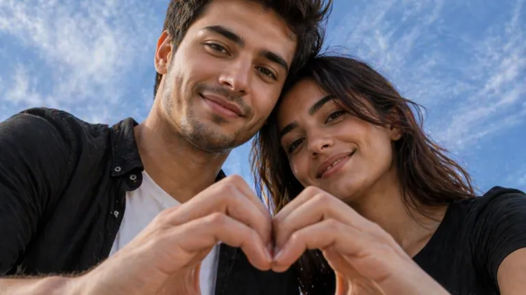 ultra realistic couple lockscreen AI prompt output with heart pose and sky background