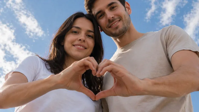 Ultra realistic couple selfie forming heart shape hands, low angle sky background, iPhone lockscreen style photo with date and time overlay