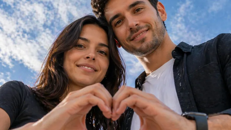 Hyper realistic couple selfie forming heart shape hands, low angle sky background, iPhone lockscreen wallpaper with date and time overlay