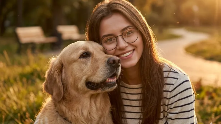 A medium close-up, golden hour photograph of a smiling young woman with long brown hair and round glasses, hugging a golden retriever in a sunlit park with a bench and pathway in the background.