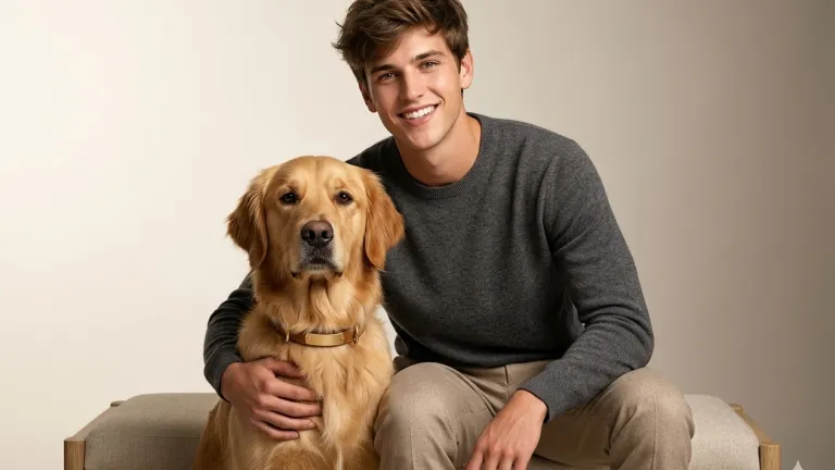 A medium shot of a young man with styled brown hair and a broad smile, sitting on a modern wooden bench with upholstered seats. He is wearing a dark grey crewneck sweater and light beige trousers. He is gently embracing a golden retriever dog that is sitting beside him, looking forward at the camera. The dog is wearing a thin tan collar with a small gold tag. The setting is a clean studio with a solid off-white background and soft, even lighting.