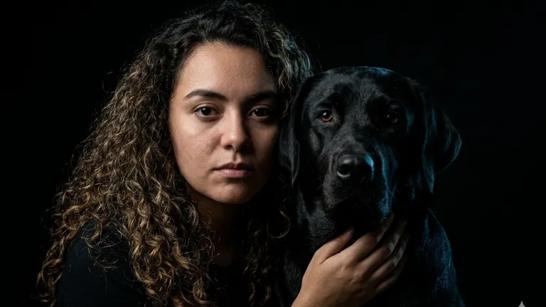 A close-up studio photograph of a young woman with curly brown hair and a serious expression, embracing a black Labrador Retriever against a solid black background.