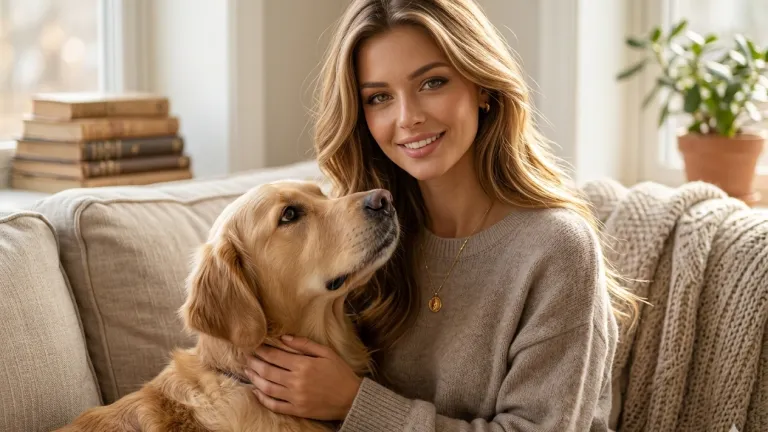 A woman with long blonde hair, wearing a taupe knit sweater and holding a golden retriever dog on a couch. The dog is looking up at her.