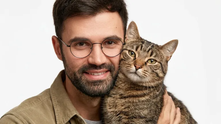 A close-up portrait of a smiling man with glasses, a beard, and a green corduroy shirt, holding and pressing his face against a tabby cat. Both look toward the camera against a plain white studio background.