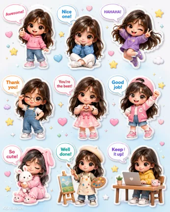 Cute 3D kawaii chibi girl sticker sheet featuring glossy pastel anime-style stickers with adorable poses, speech bubbles, bunny pajamas, hoodie outfits, and social-media-ready AI artwork